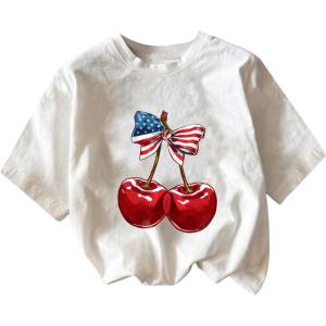 imageGirls Graphic Print Tee Shirt Round Neck Short Sleeve T Shirts Summer Cute Trendy TopsWhite With Cherry
