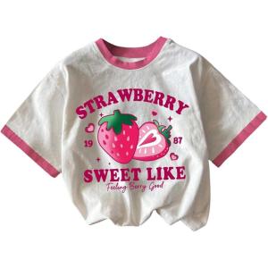 imageGirls Graphic Print Tee Shirt Round Neck Short Sleeve T Shirts Summer Cute Trendy TopsWhite With Pink
