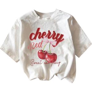imageGirls Graphic Print Tee Shirt Round Neck Short Sleeve T Shirts Summer Cute Trendy TopsWhite With Red