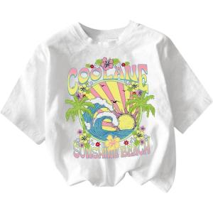 imageGirls Graphic Print Tee Shirt Round Neck Short Sleeve T Shirts Summer Cute Trendy TopsWhite Yellow