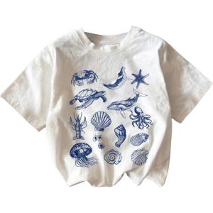 imageGirls Graphic Print Tee Shirt Round Neck Short Sleeve T Shirts Summer Cute Trendy TopsWhite and Blue