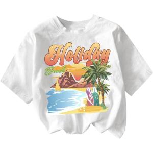 imageGirls Graphic Print Tee Shirt Round Neck Short Sleeve T Shirts Summer Cute Trendy TopsWhite and Orange