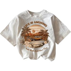 imageGirls Graphic Print Tee Shirt Round Neck Short Sleeve T Shirts Summer Cute Trendy TopsWhite and Yellow