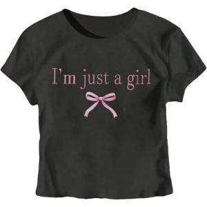 imageGirls Graphic Tee Crew Neck Letter Bow Print Crop Tops Casual Cute Short Sleeve T ShirtBlack