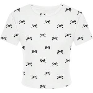 imageGirls Graphic Tee Crew Neck Letter Bow Print Crop Tops Casual Cute Short Sleeve T ShirtBow Grey