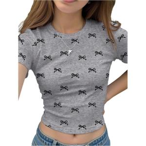 imageGirls Graphic Tee Crew Neck Letter Bow Print Crop Tops Casual Cute Short Sleeve T ShirtBowknot Grey