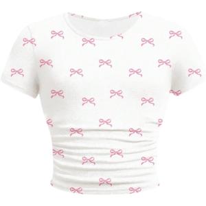 imageGirls Graphic Tee Crew Neck Letter Bow Print Crop Tops Casual Cute Short Sleeve T ShirtBowknot White
