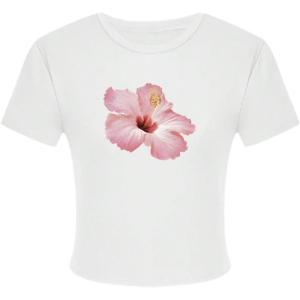 imageGirls Graphic Tee Crew Neck Letter Bow Print Crop Tops Casual Cute Short Sleeve T ShirtFloral White