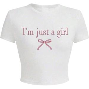 imageGirls Graphic Tee Crew Neck Letter Bow Print Crop Tops Casual Cute Short Sleeve T ShirtMix White
