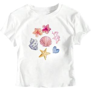 imageGirls Graphic Tee Crew Neck Letter Bow Print Crop Tops Casual Cute Short Sleeve T ShirtPatterned White