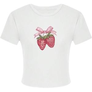 imageGirls Graphic Tee Crew Neck Letter Bow Print Crop Tops Casual Cute Short Sleeve T ShirtStrawberry White