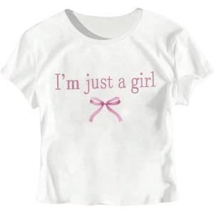 imageGirls Graphic Tee Crew Neck Letter Bow Print Crop Tops Casual Cute Short Sleeve T ShirtWhite