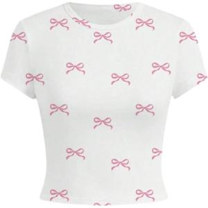 imageGirls Graphic Tee Crew Neck Letter Bow Print Crop Tops Casual Cute Short Sleeve T ShirtWhite Bow