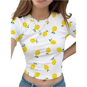 imageGirls Graphic Tee Crew Neck Letter Bow Print Crop Tops Casual Cute Short Sleeve T ShirtWhite Yellow