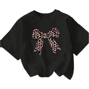 imageGirls Graphic Tee Shirt Short Sleeve Round Neck Preppy Casual Trendy Cute Summer TopsBow Black