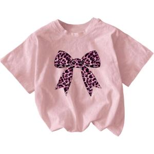 imageGirls Graphic Tee Shirt Short Sleeve Round Neck Preppy Casual Trendy Cute Summer TopsBow Pink