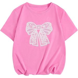 imageGirls Graphic Tee Shirt Short Sleeve Round Neck Preppy Casual Trendy Cute Summer TopsPink Bow