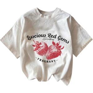 imageGirls Graphic Tee Shirt Short Sleeve Round Neck Preppy Casual Trendy Cute Summer TopsWhite With Red