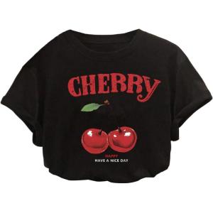 imageGirls Graphic Tees Cherry Letter Print Short Sleeve T Shirts Crewneck Summer TopsBlack