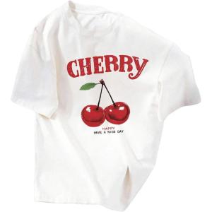 imageGirls Graphic Tees Cherry Letter Print Short Sleeve T Shirts Crewneck Summer TopsWhite