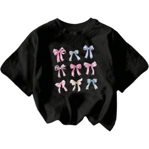 imageGirls Graphic Tees Short Sleeve Bow Print Tee Tops Crew Neck Drop Shoulder Casual Summer T ShirtsBlack