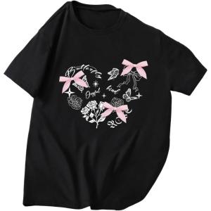 imageGirls Graphic Tees Short Sleeve Bow Print Tee Tops Crew Neck Drop Shoulder Casual Summer T ShirtsBlack Bow