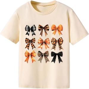 imageGirls Graphic Tees Short Sleeve Bow Print Tee Tops Crew Neck Drop Shoulder Casual Summer T ShirtsBow Apricot