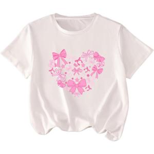 imageGirls Graphic Tees Short Sleeve Bow Print Tee Tops Crew Neck Drop Shoulder Casual Summer T ShirtsBow Pink White