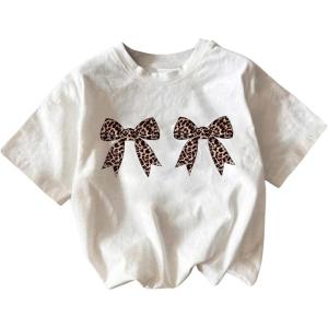 imageGirls Graphic Tees Short Sleeve Bow Print Tee Tops Crew Neck Drop Shoulder Casual Summer T ShirtsBow White