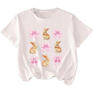 imageGirls Graphic Tees Short Sleeve Bow Print Tee Tops Crew Neck Drop Shoulder Casual Summer T ShirtsBunny Bow White