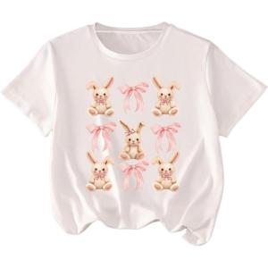 imageGirls Graphic Tees Short Sleeve Bow Print Tee Tops Crew Neck Drop Shoulder Casual Summer T ShirtsBunny White