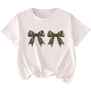 imageGirls Graphic Tees Short Sleeve Bow Print Tee Tops Crew Neck Drop Shoulder Casual Summer T ShirtsCamo Bow White