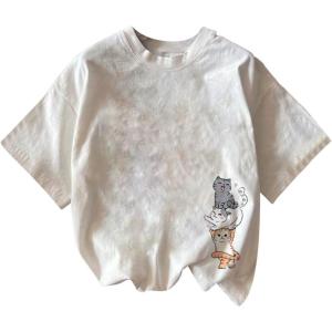imageGirls Graphic Tees Short Sleeve Bow Print Tee Tops Crew Neck Drop Shoulder Casual Summer T ShirtsCat Print White