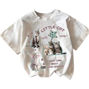 imageGirls Graphic Tees Short Sleeve Bow Print Tee Tops Crew Neck Drop Shoulder Casual Summer T ShirtsCat White
