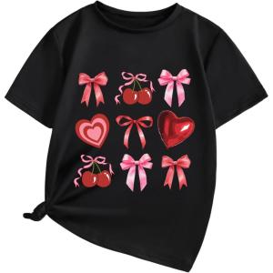 imageGirls Graphic Tees Short Sleeve Bow Print Tee Tops Crew Neck Drop Shoulder Casual Summer T ShirtsHeart Black