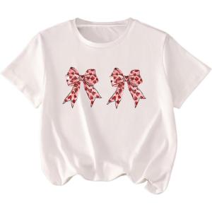 imageGirls Graphic Tees Short Sleeve Bow Print Tee Tops Crew Neck Drop Shoulder Casual Summer T ShirtsHeart Bow White