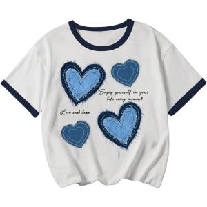 imageGirls Graphic Tees Short Sleeve Bow Print Tee Tops Crew Neck Drop Shoulder Casual Summer T ShirtsHeart White
