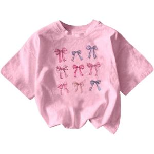 imageGirls Graphic Tees Short Sleeve Bow Print Tee Tops Crew Neck Drop Shoulder Casual Summer T ShirtsPink