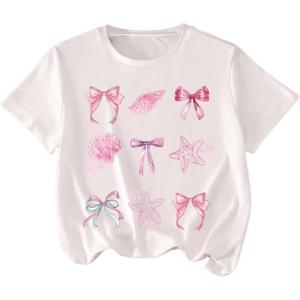 imageGirls Graphic Tees Short Sleeve Bow Print Tee Tops Crew Neck Drop Shoulder Casual Summer T ShirtsPink Graphic White