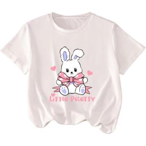 imageGirls Graphic Tees Short Sleeve Bow Print Tee Tops Crew Neck Drop Shoulder Casual Summer T ShirtsRabbit White