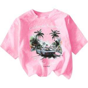imageGirls Graphic Tees Short Sleeve Bow Print Tee Tops Crew Neck Drop Shoulder Casual Summer T ShirtsTropical Pink