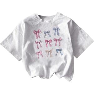 imageGirls Graphic Tees Short Sleeve Bow Print Tee Tops Crew Neck Drop Shoulder Casual Summer T ShirtsWhite