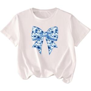 imageGirls Graphic Tees Short Sleeve Bow Print Tee Tops Crew Neck Drop Shoulder Casual Summer T ShirtsWhite Blue Bow