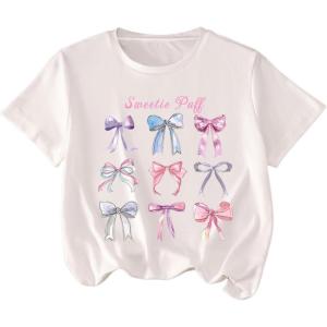 imageGirls Graphic Tees Short Sleeve Bow Print Tee Tops Crew Neck Drop Shoulder Casual Summer T ShirtsWhite Bow Patterned