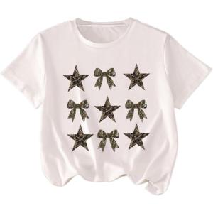 imageGirls Graphic Tees Short Sleeve Bow Print Tee Tops Crew Neck Drop Shoulder Casual Summer T ShirtsWhite Camo