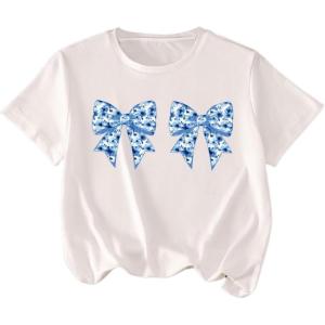 imageGirls Graphic Tees Short Sleeve Bow Print Tee Tops Crew Neck Drop Shoulder Casual Summer T ShirtsWhite Floral Bow
