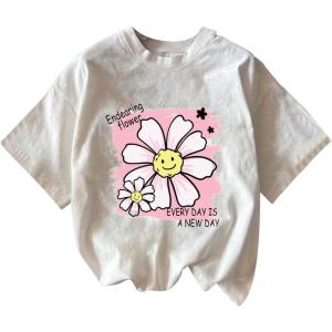 imageGirls Graphic Tees Short Sleeve Bow Print Tee Tops Crew Neck Drop Shoulder Casual Summer T ShirtsWhite Pink