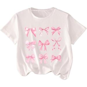 imageGirls Graphic Tees Short Sleeve Bow Print Tee Tops Crew Neck Drop Shoulder Casual Summer T ShirtsWhite Pink Bow