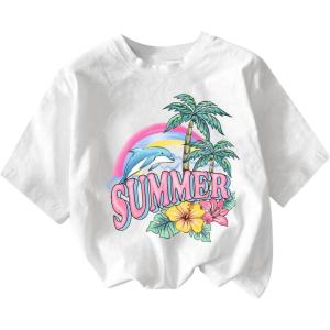 imageGirls Graphic Tees Short Sleeve Bow Print Tee Tops Crew Neck Drop Shoulder Casual Summer T ShirtsWhite With Graphic