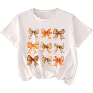 imageGirls Graphic Tees Short Sleeve Bow Print Tee Tops Crew Neck Drop Shoulder Casual Summer T ShirtsWhite With Orange
